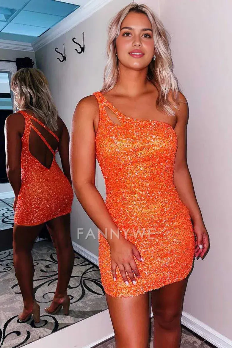 FannyWe Simple One Shoulder Sequins Bodycon Mini Dress with Keyhole formal wear dresses